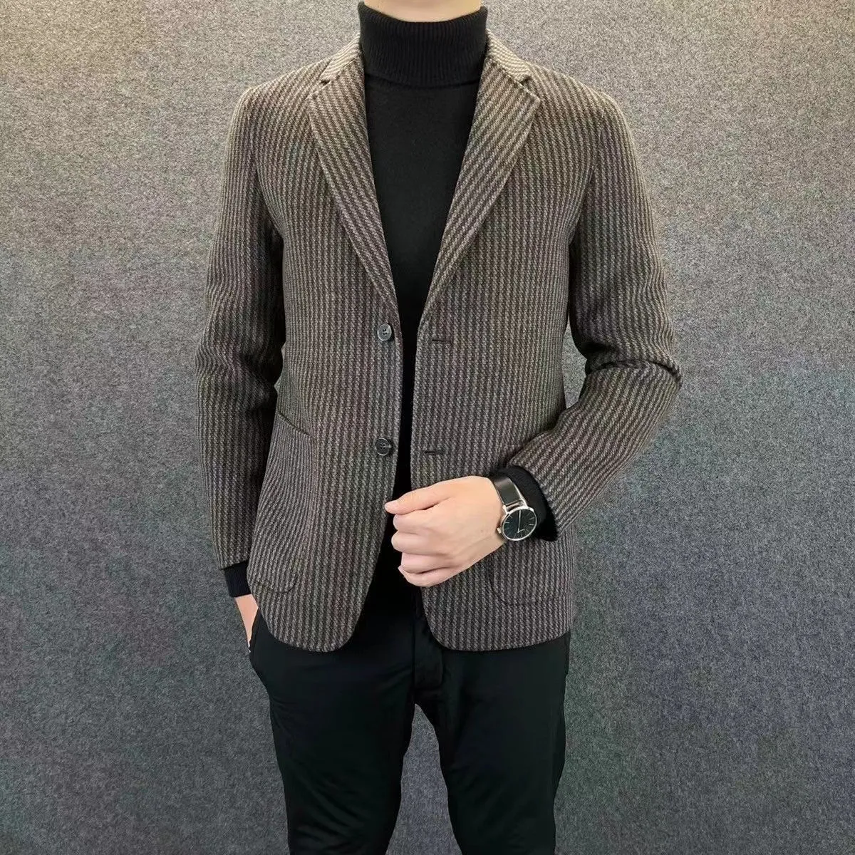 Advbridge Advanced Luxury Striped Woolen Coat For Men Business Casual Suit Jacket Autumn Winter Fashion  Vintage Short Overcoat Streetwear