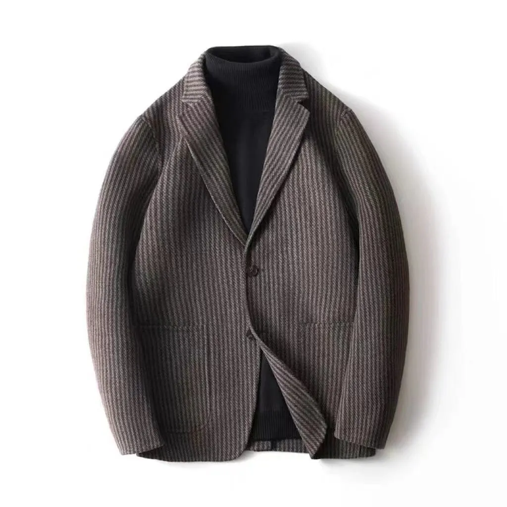 Advbridge Advanced Luxury Striped Woolen Coat For Men Business Casual Suit Jacket Autumn Winter Fashion  Vintage Short Overcoat Streetwear