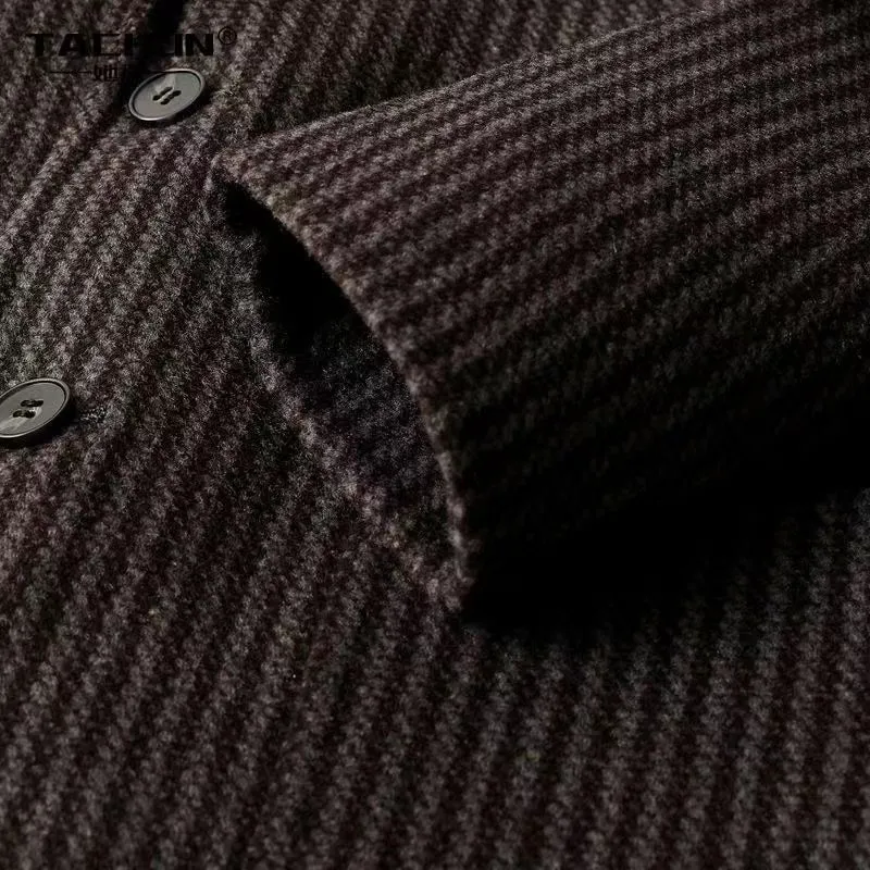 Advbridge Advanced Luxury Striped Woolen Coat For Men Business Casual Suit Jacket Autumn Winter Fashion  Vintage Short Overcoat Streetwear