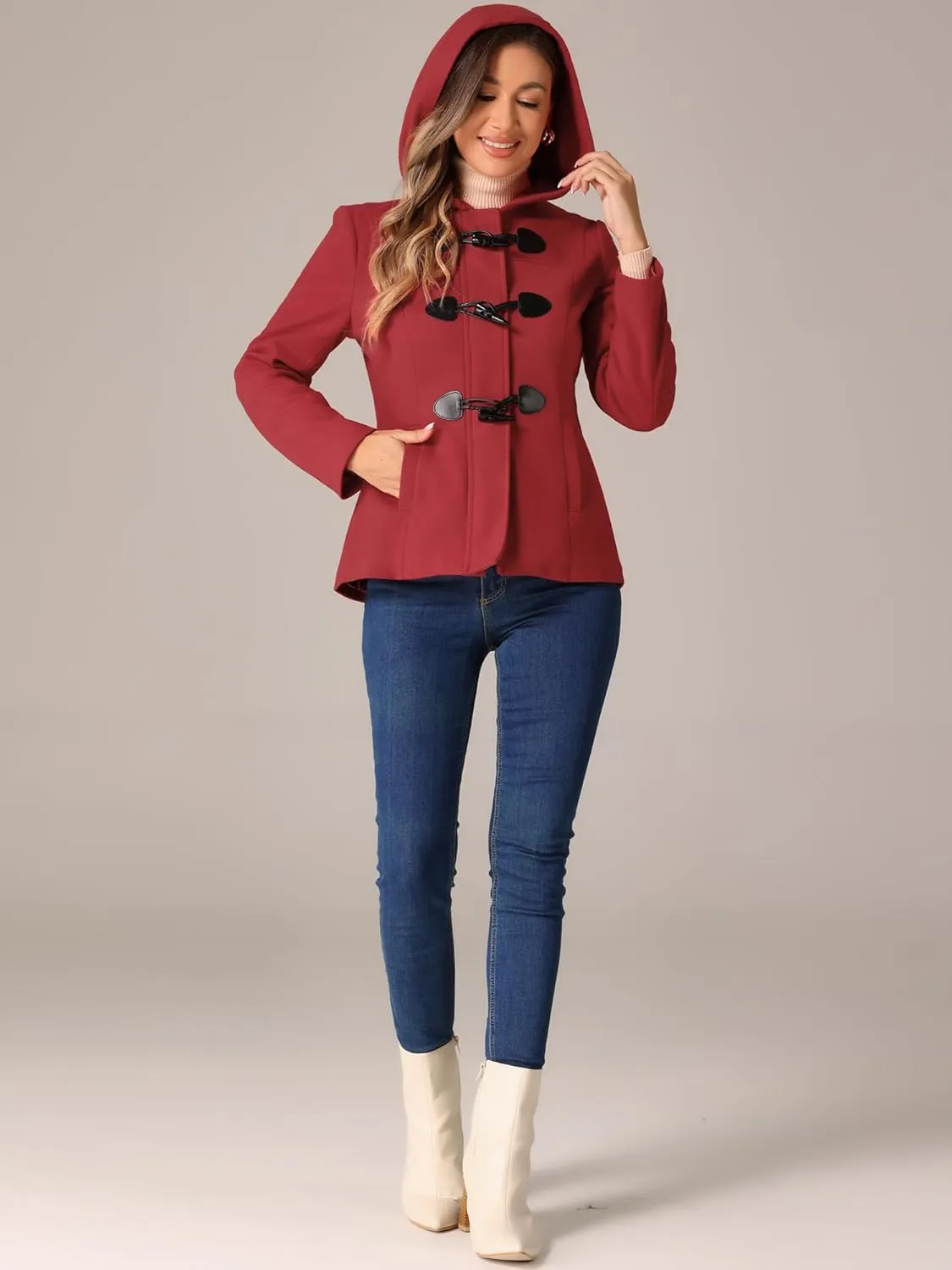 Allegra K Women's Casual Winter Outwear Hooded Button Peacoat Toggle Duffle Coat
