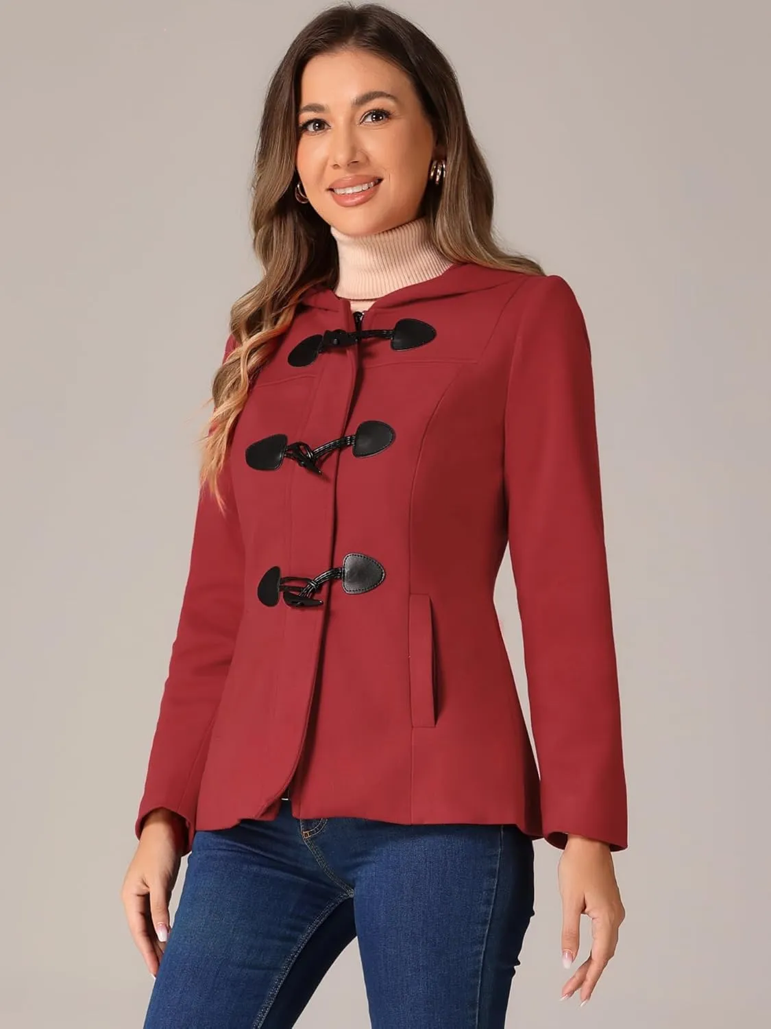 Allegra K Women's Casual Winter Outwear Hooded Button Peacoat Toggle Duffle Coat