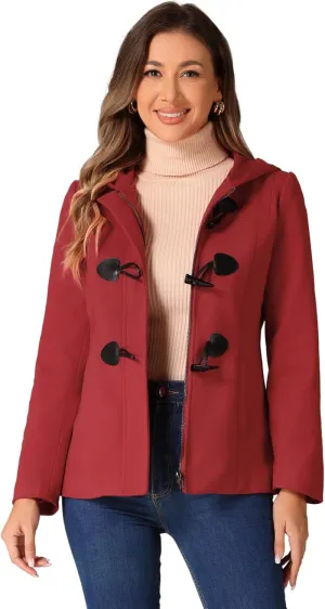 Allegra K Women's Casual Winter Outwear Hooded Button Peacoat Toggle Duffle Coat