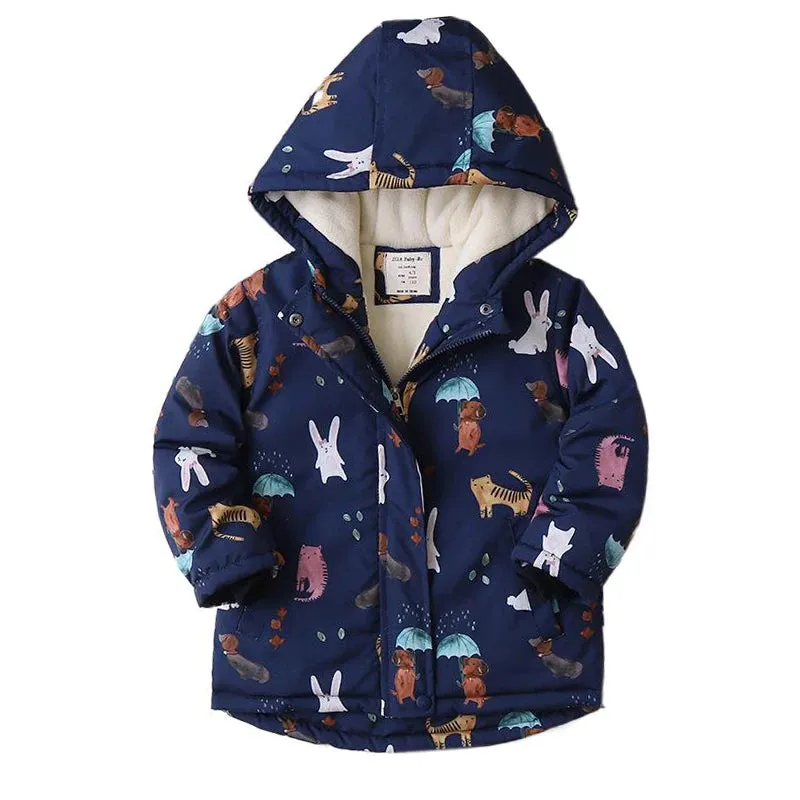 Animal Printed Windproof Kids Girls Warm Fleece Jackets