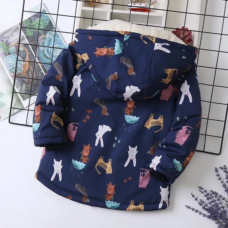 Animal Printed Windproof Kids Girls Warm Fleece Jackets