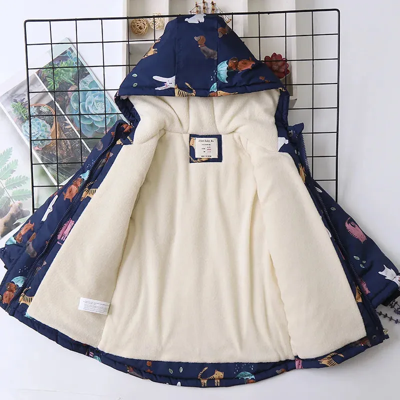 Animal Printed Windproof Kids Girls Warm Fleece Jackets