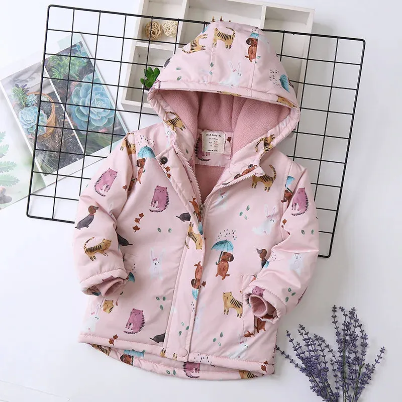 Animal Printed Windproof Kids Girls Warm Fleece Jackets