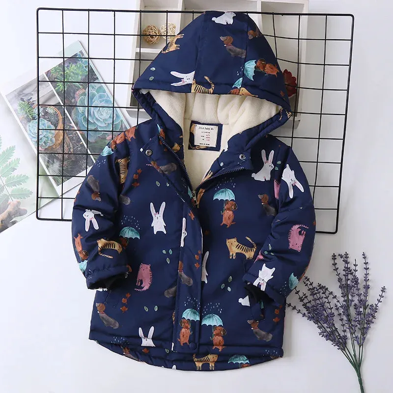 Animal Printed Windproof Kids Girls Warm Fleece Jackets