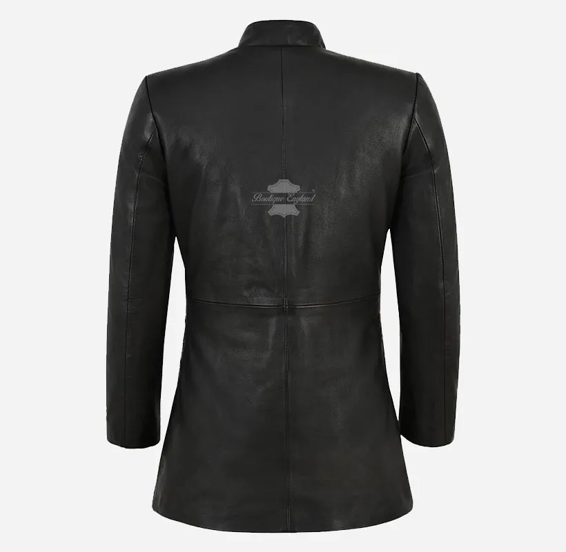 ARCADIA Women Black Leather Coat Long Leather Jacket