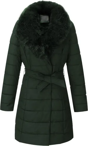 Bellivera Women's Winter Puffer Jacket Cold-Resistant Patchwork Plush Lining Coat with Removable Fur Collar Hooded and Belted