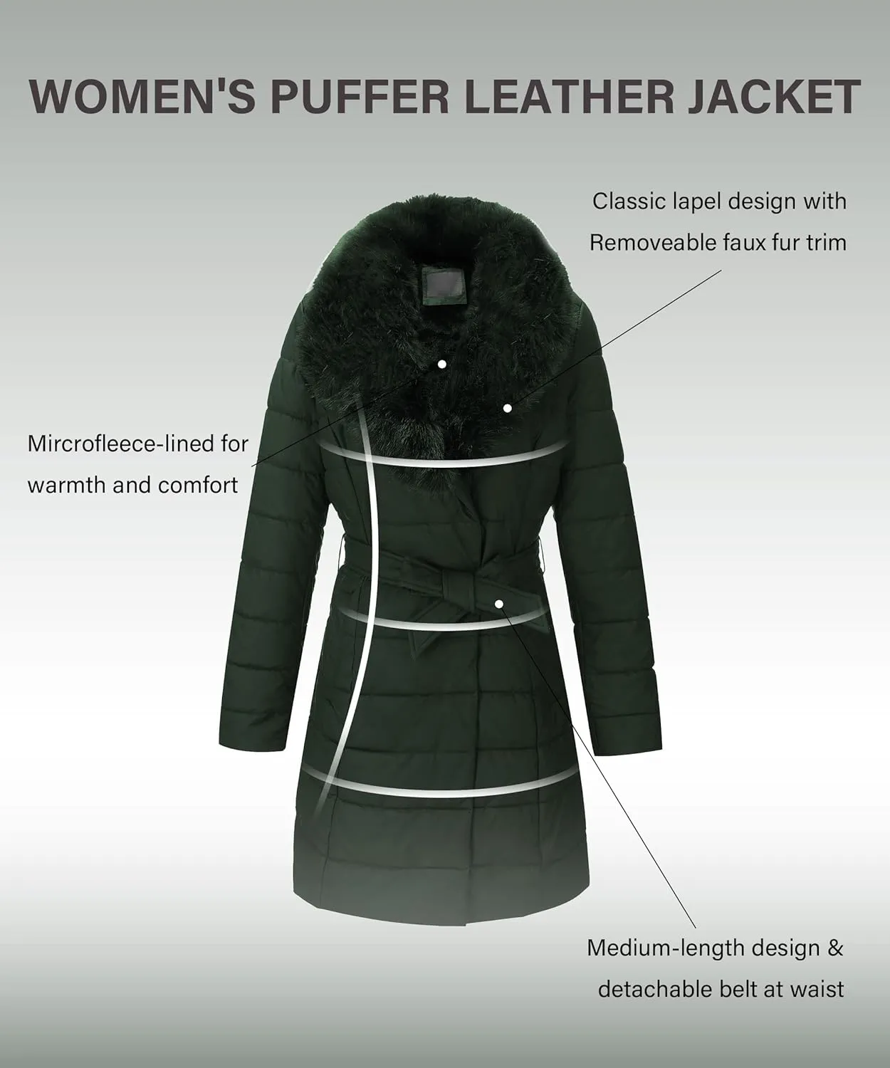 Bellivera Women's Winter Puffer Jacket Cold-Resistant Patchwork Plush Lining Coat with Removable Fur Collar Hooded and Belted