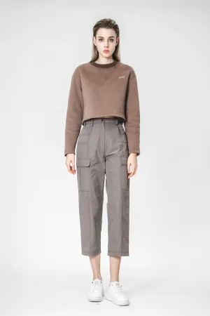 BROWN/DARK GREEN HIGH-WAIST CASUAL TROUSERS
