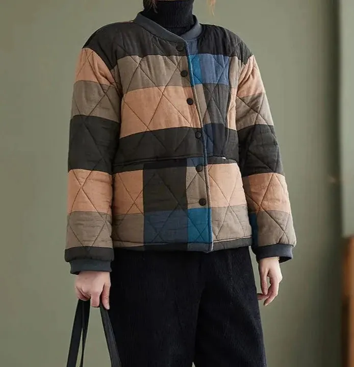 Cotton Linen Plaid Quilted Lightweight Jacket