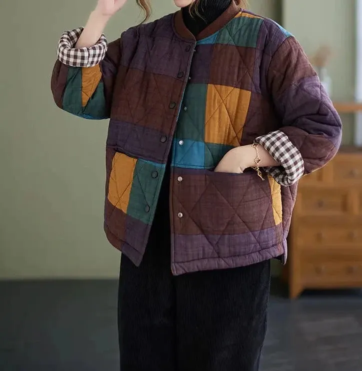 Cotton Linen Plaid Quilted Lightweight Jacket