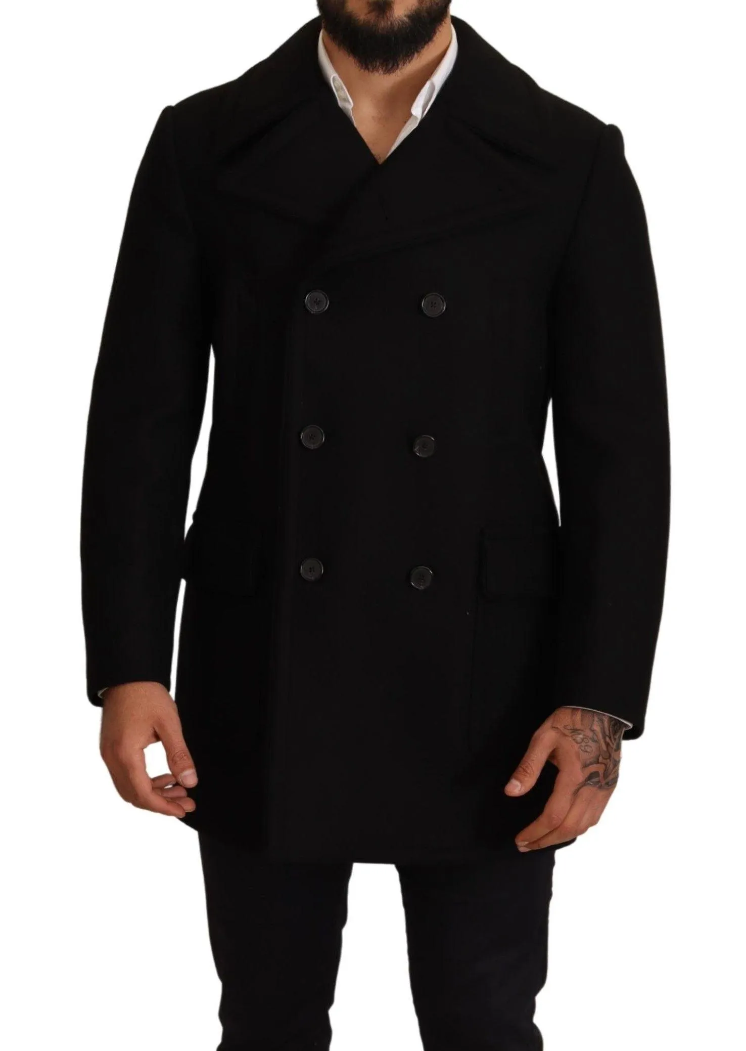 Dolce & Gabbana Black Wool Trench Peacoat Jacket
