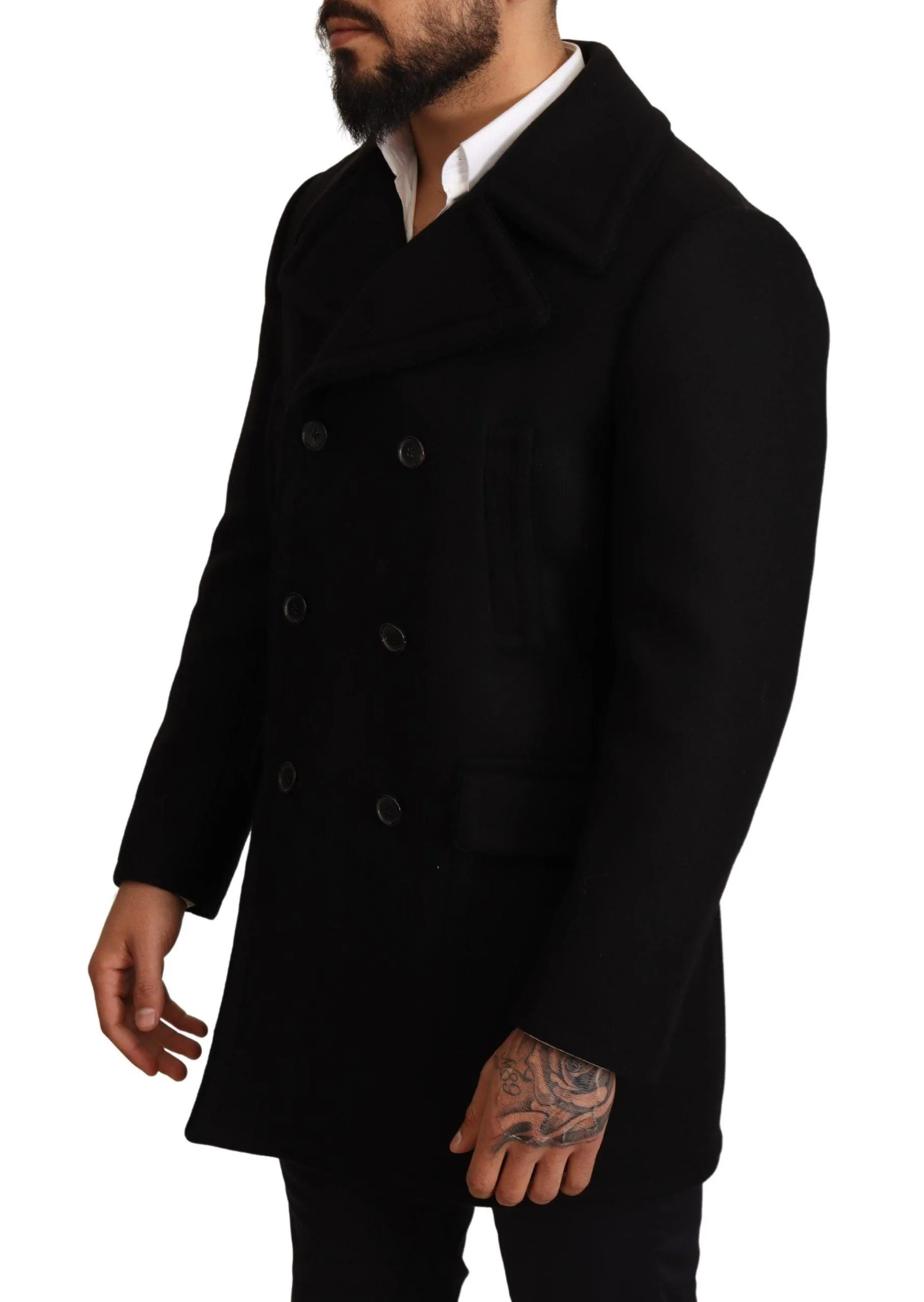 Dolce & Gabbana Black Wool Trench Peacoat Jacket