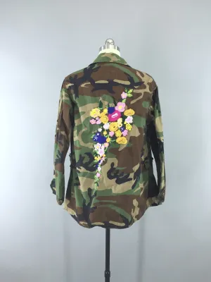 Embroidered US Army Camouflage Jacket / Military Style Coat with Floral Embroidery