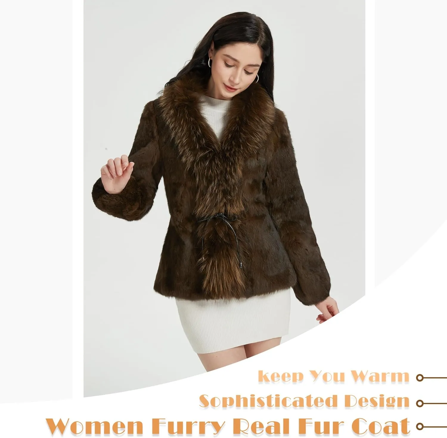 Fur Story Women's Genuine Rabbit Fur Coat Fuzzy Warm Fur Jacket Winter Outware