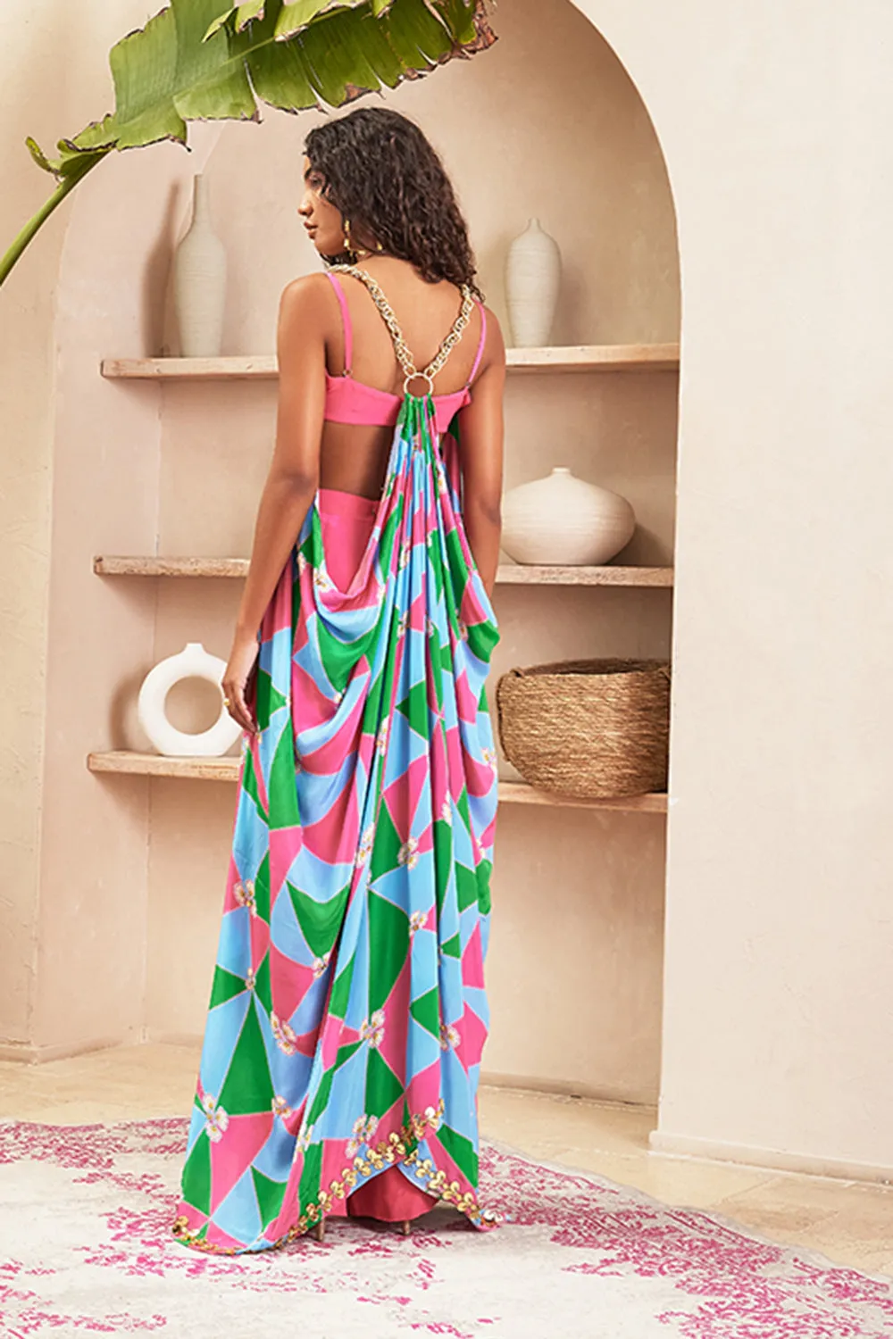 Gabriella Pink Pant & Bustier With Multi Colour Jacket Set