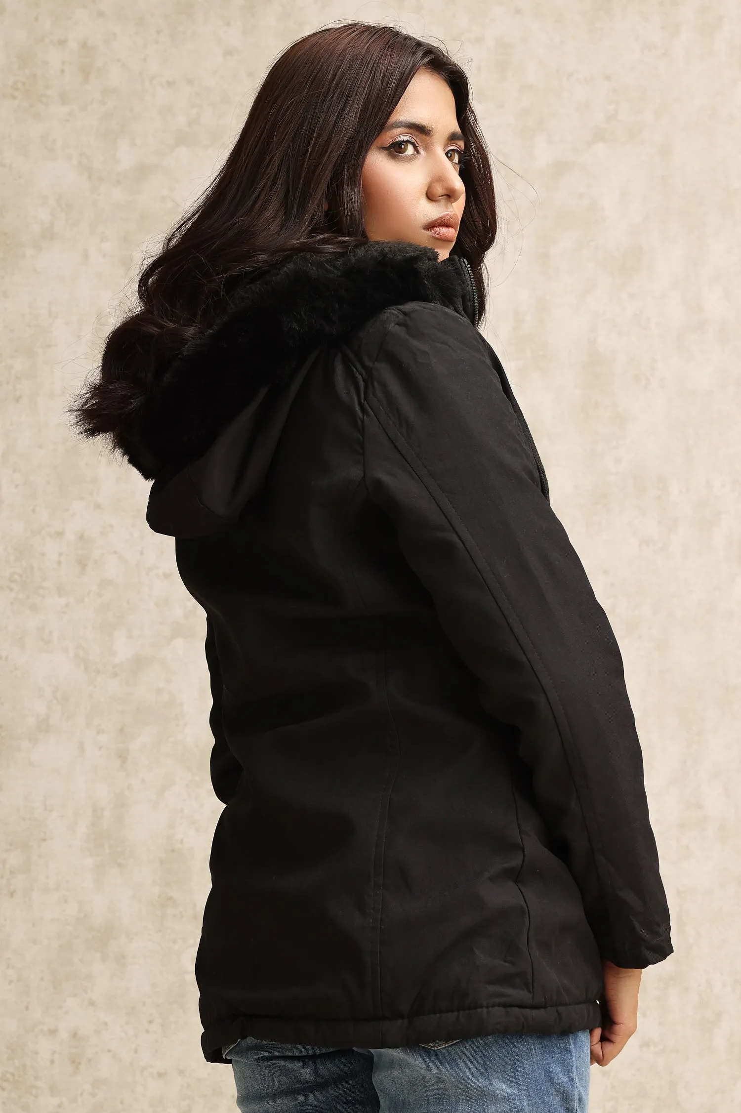 HOODED DRAWSTRING JACKET-BLACK