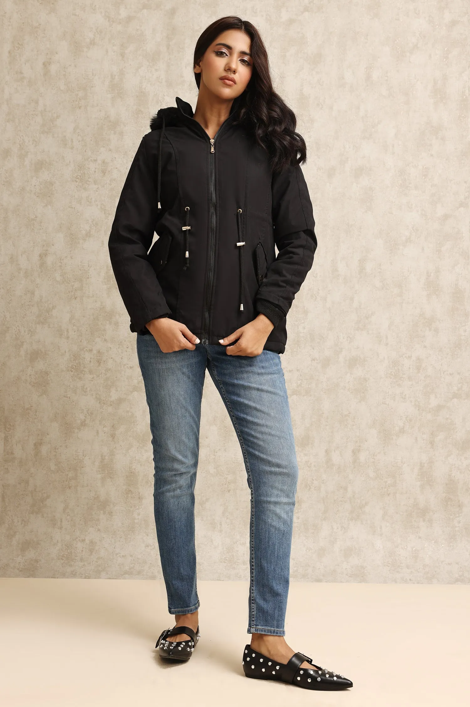 HOODED DRAWSTRING JACKET-BLACK