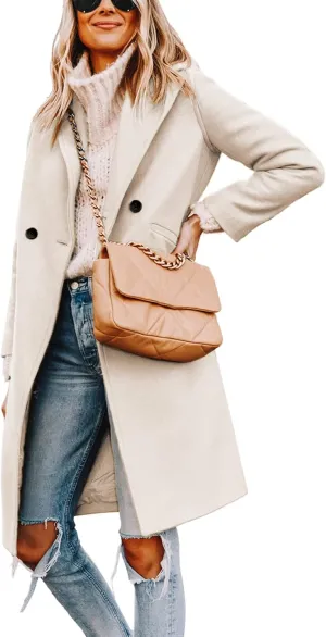 Hooever Women's Winter Wool Coat Casual Notch Lapel Single-Breasted Peacoat