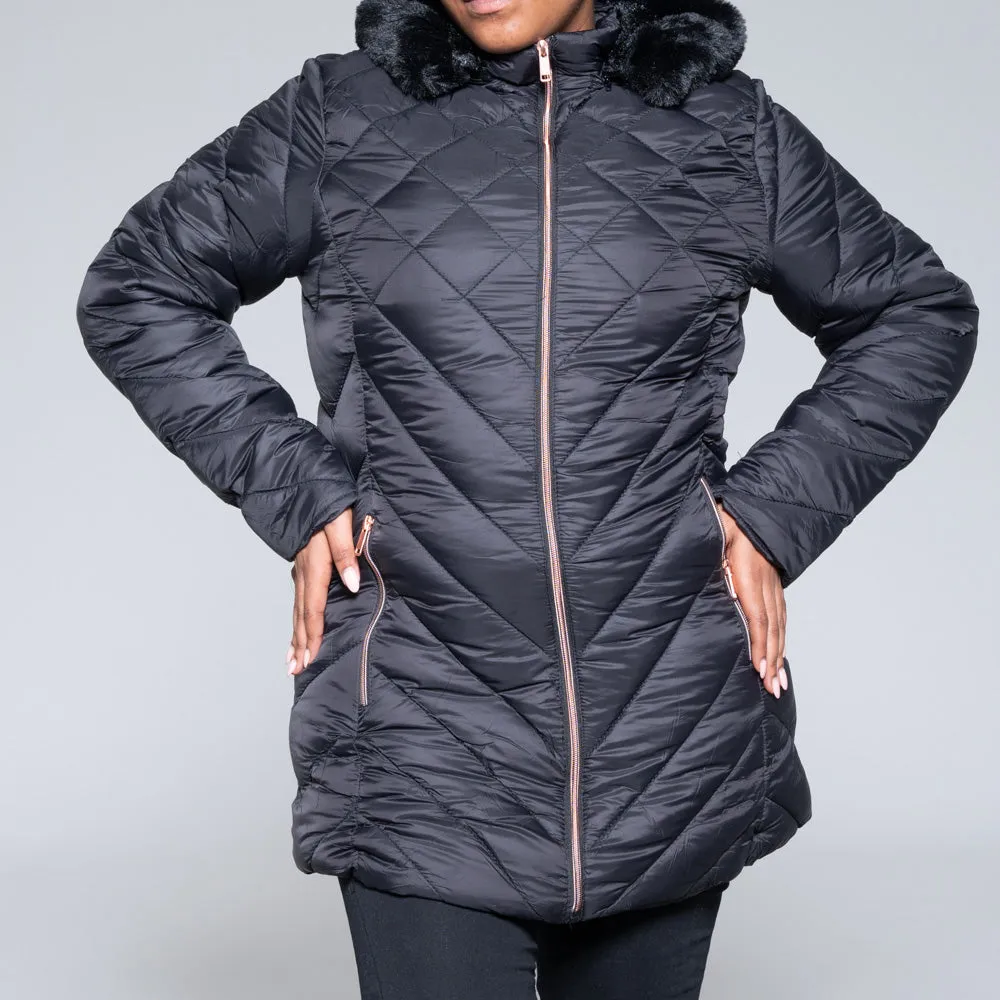 Ladies Black Hooded Puffer Jacket