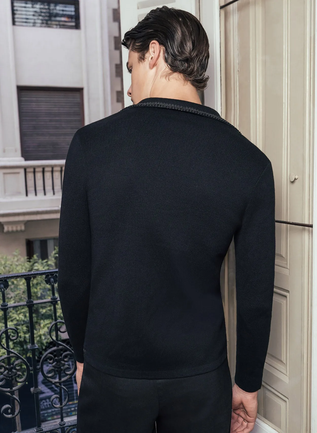 Long Sleeve Black Embroidery Black Lace Knitted Cotton Polo