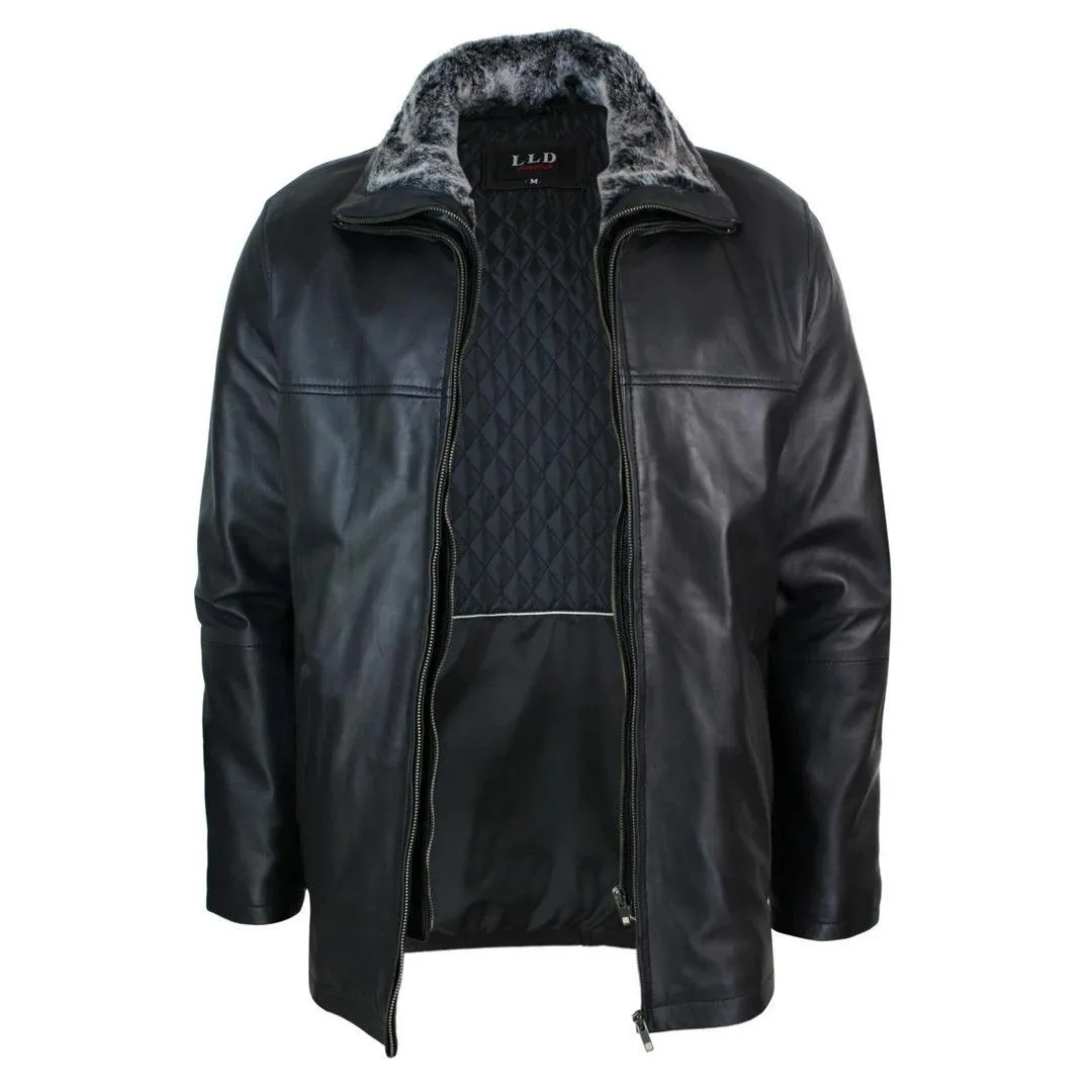 Mens Classic Double Zip Fur Lined Genuine Soft Leather Coat Jacket Regular Fit