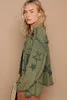 Moss Green Balloon Sleeve Denim Star Patch Jacket
