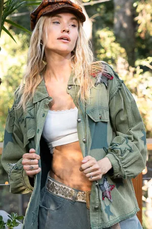 Moss Green Balloon Sleeve Denim Star Patch Jacket