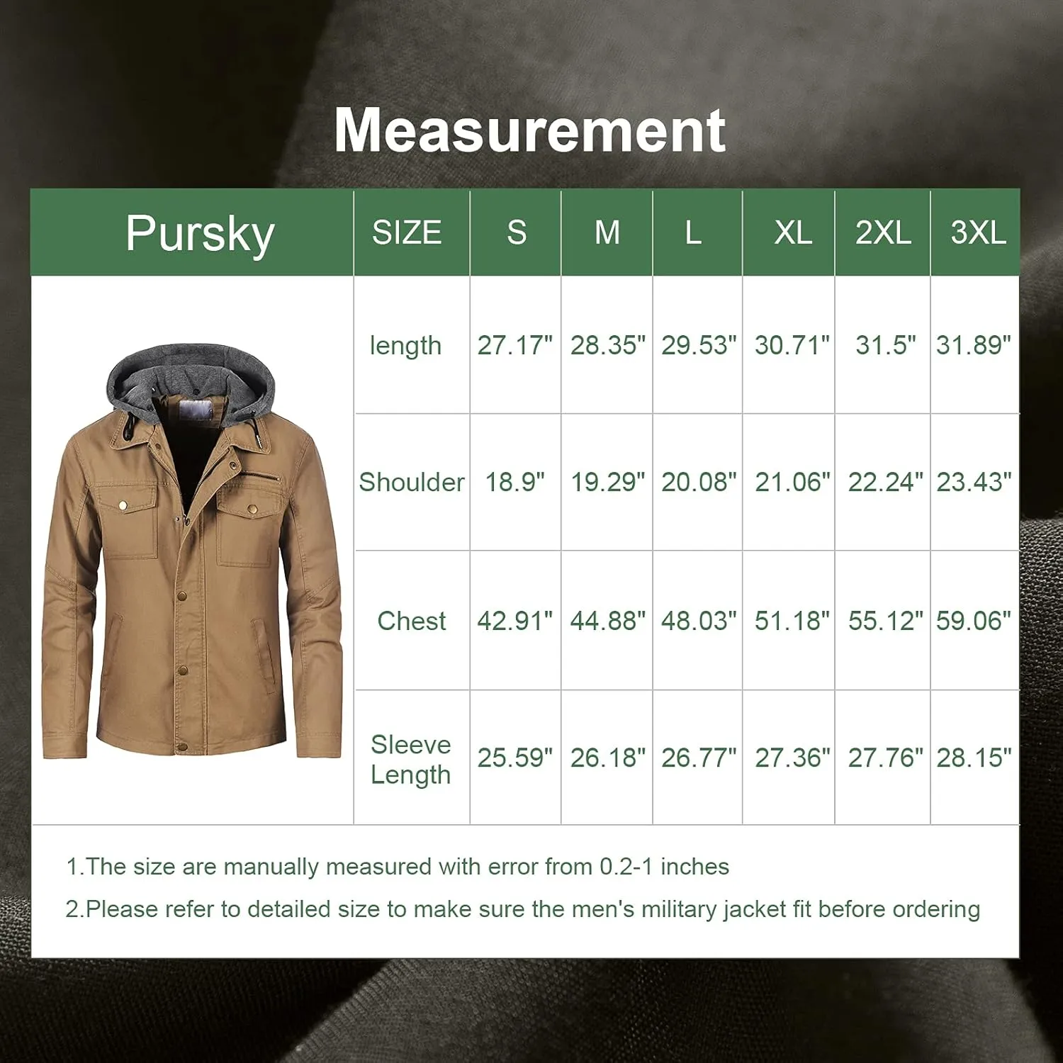 Pursky Men's Canvas Cotton Military Casual Field Jacket Outerwear With Removable Hood