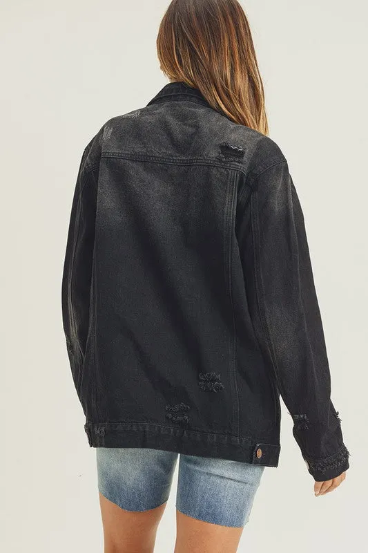 Risen Black Vintage Wash Oversized Denim Jacket
