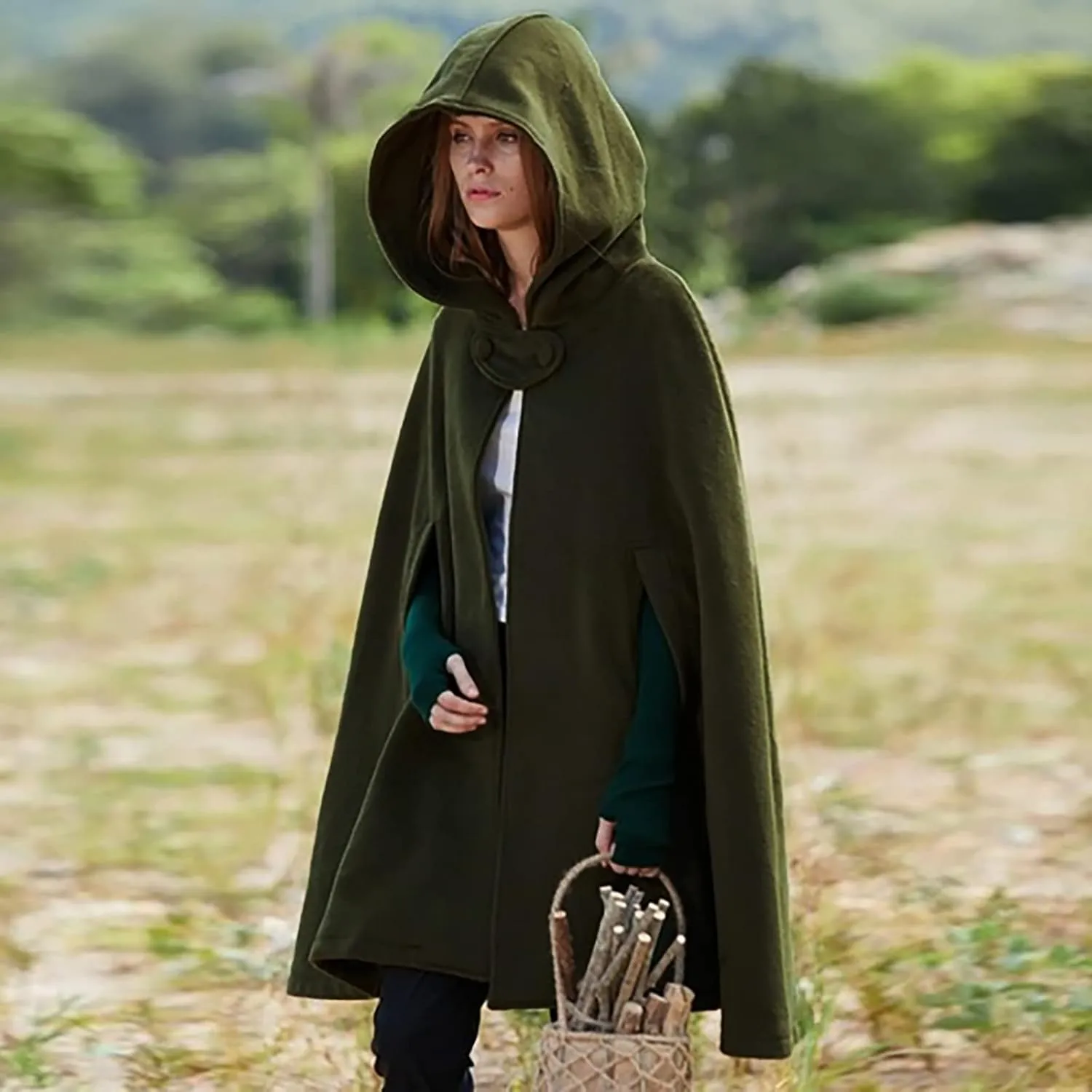 tuduoms Women's Winter Hooded Cape Poncho Coat Wool Blend Short Cape Jacket Renaissance Witch Cosplay Cape Halloween Costumes