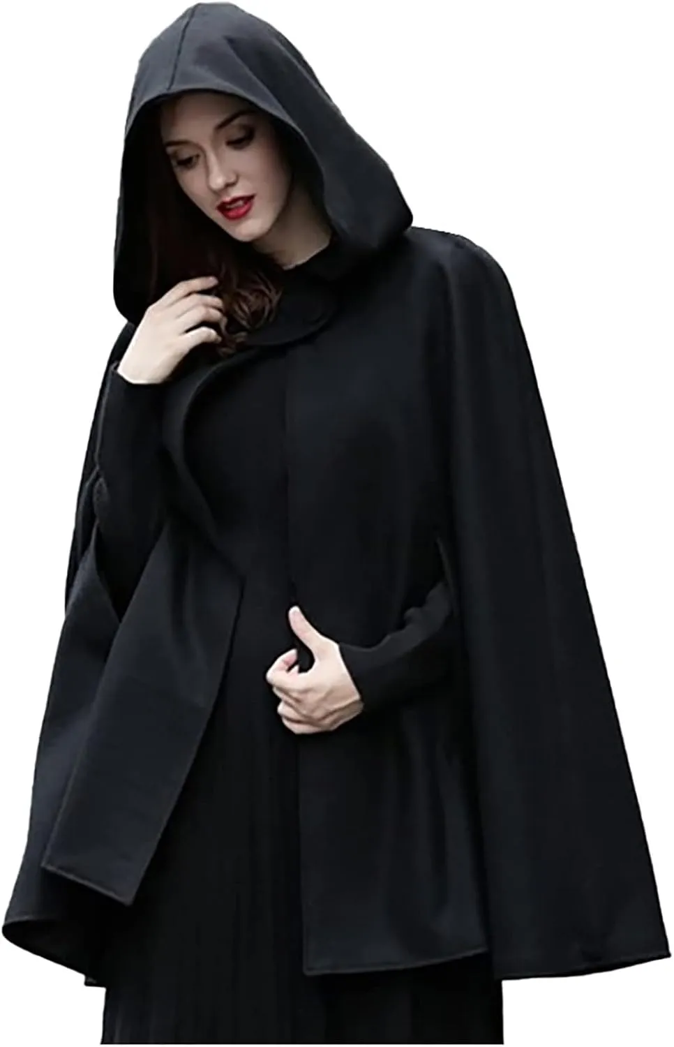 tuduoms Women's Winter Hooded Cape Poncho Coat Wool Blend Short Cape Jacket Renaissance Witch Cosplay Cape Halloween Costumes