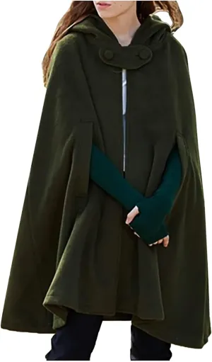tuduoms Women's Winter Hooded Cape Poncho Coat Wool Blend Short Cape Jacket Renaissance Witch Cosplay Cape Halloween Costumes