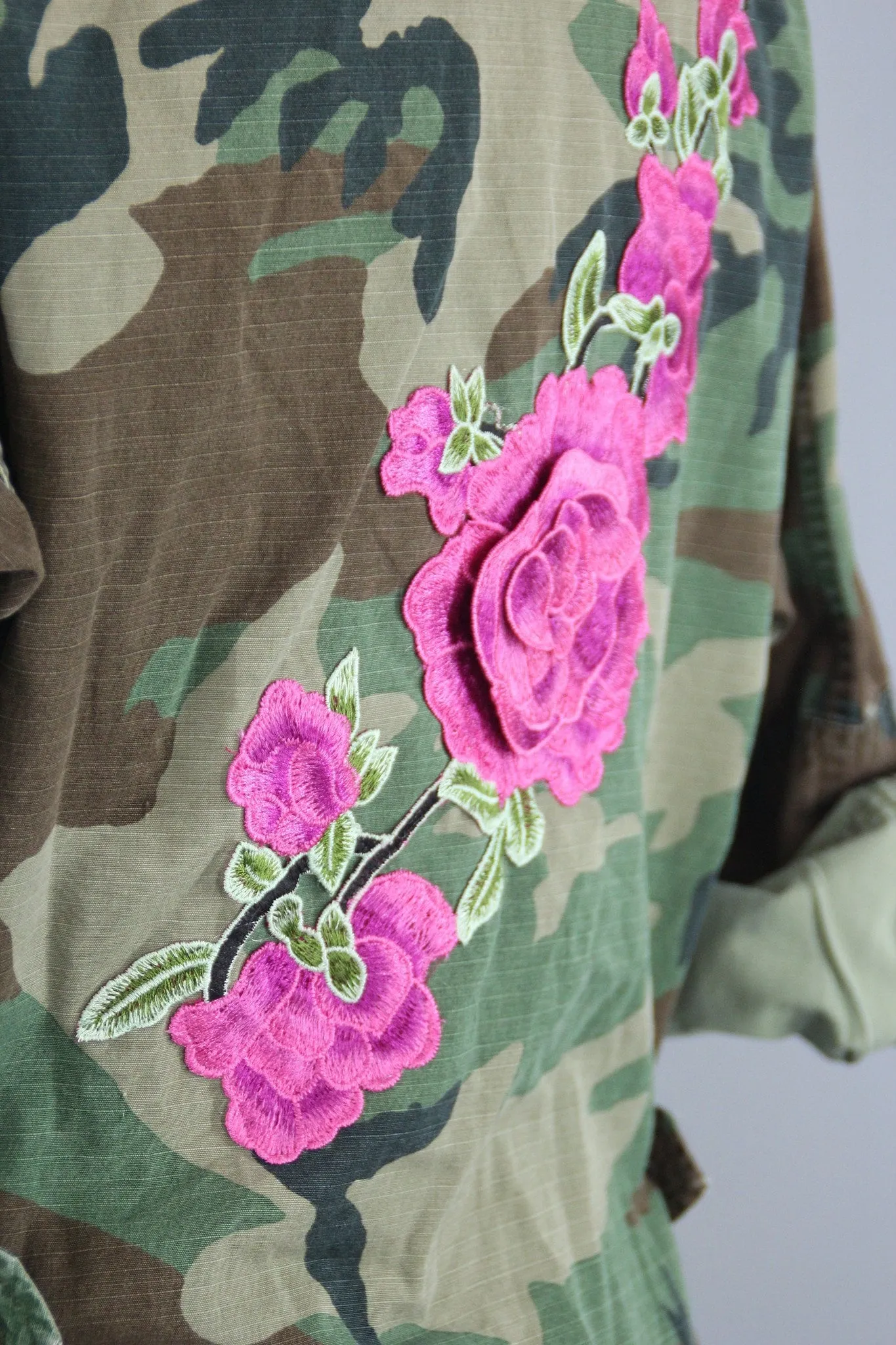 Vintage Army Camouflage Military Jacket with Pink Floral Embroidery