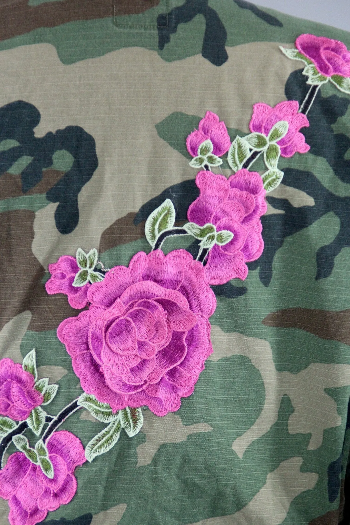 Vintage Army Camouflage Military Jacket with Pink Floral Embroidery