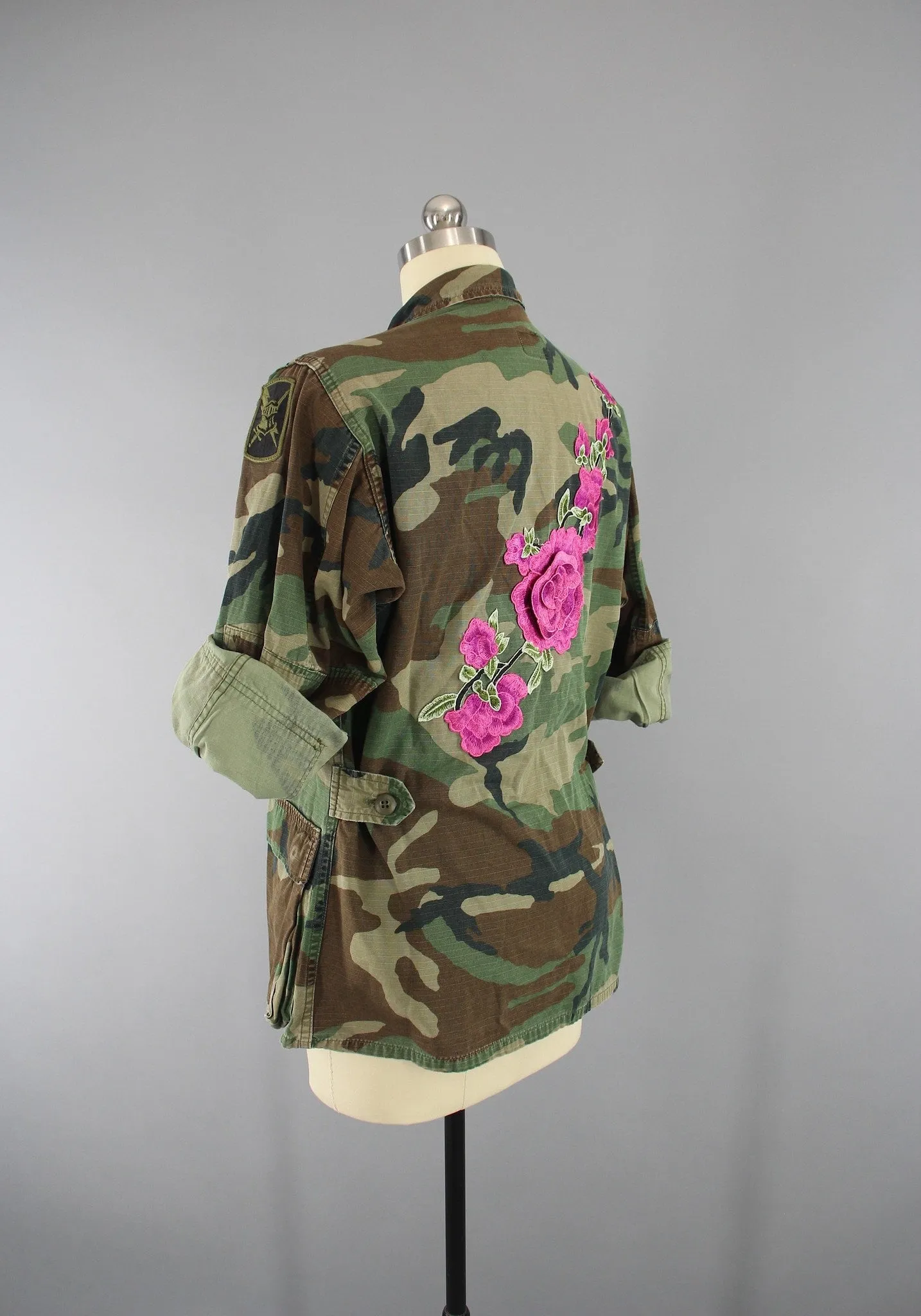 Vintage Army Camouflage Military Jacket with Pink Floral Embroidery