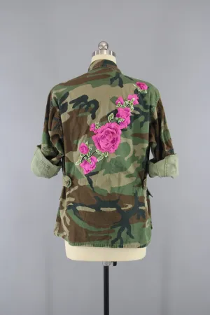 Vintage Army Camouflage Military Jacket with Pink Floral Embroidery