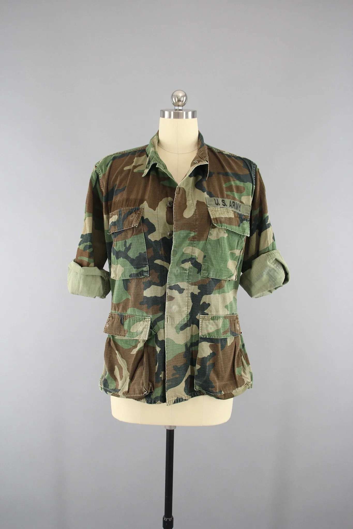 Vintage Army Camouflage Military Jacket with Pink Floral Embroidery