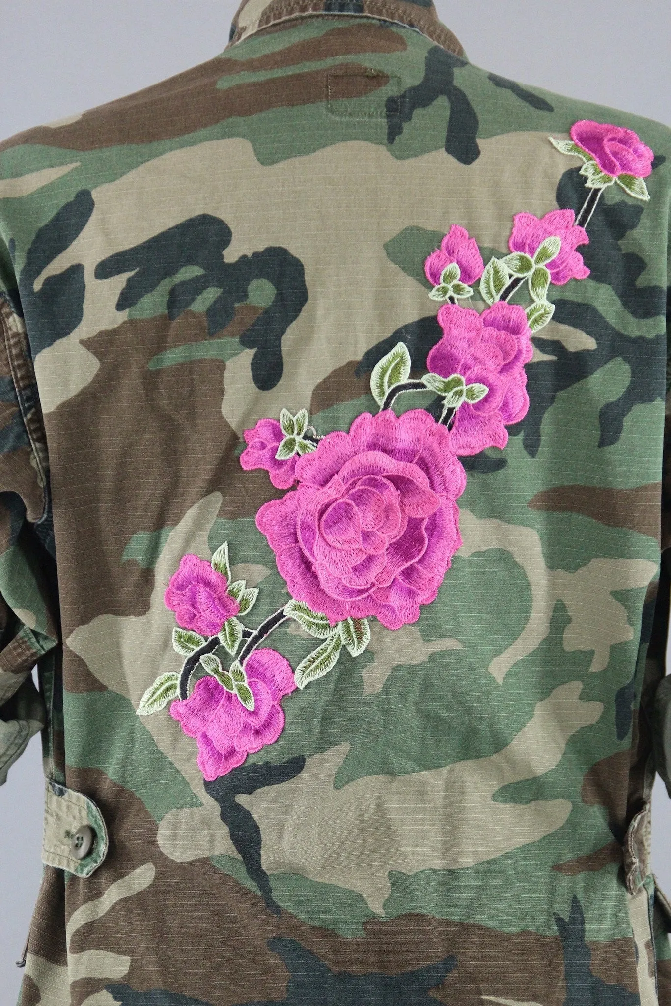 Vintage Army Camouflage Military Jacket with Pink Floral Embroidery