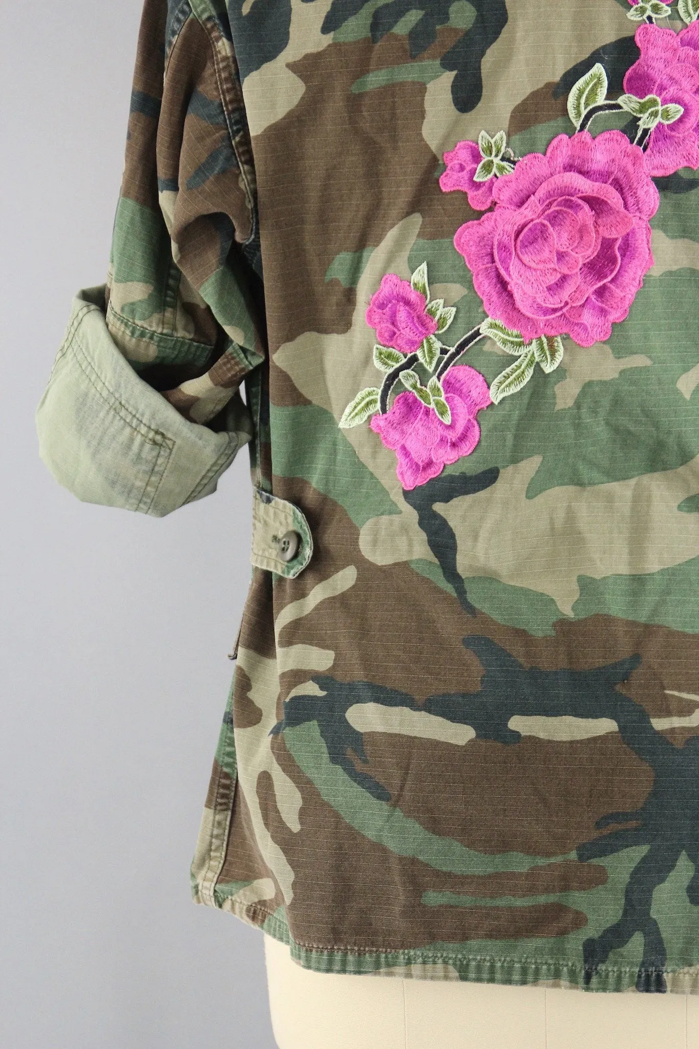 Vintage Army Camouflage Military Jacket with Pink Floral Embroidery