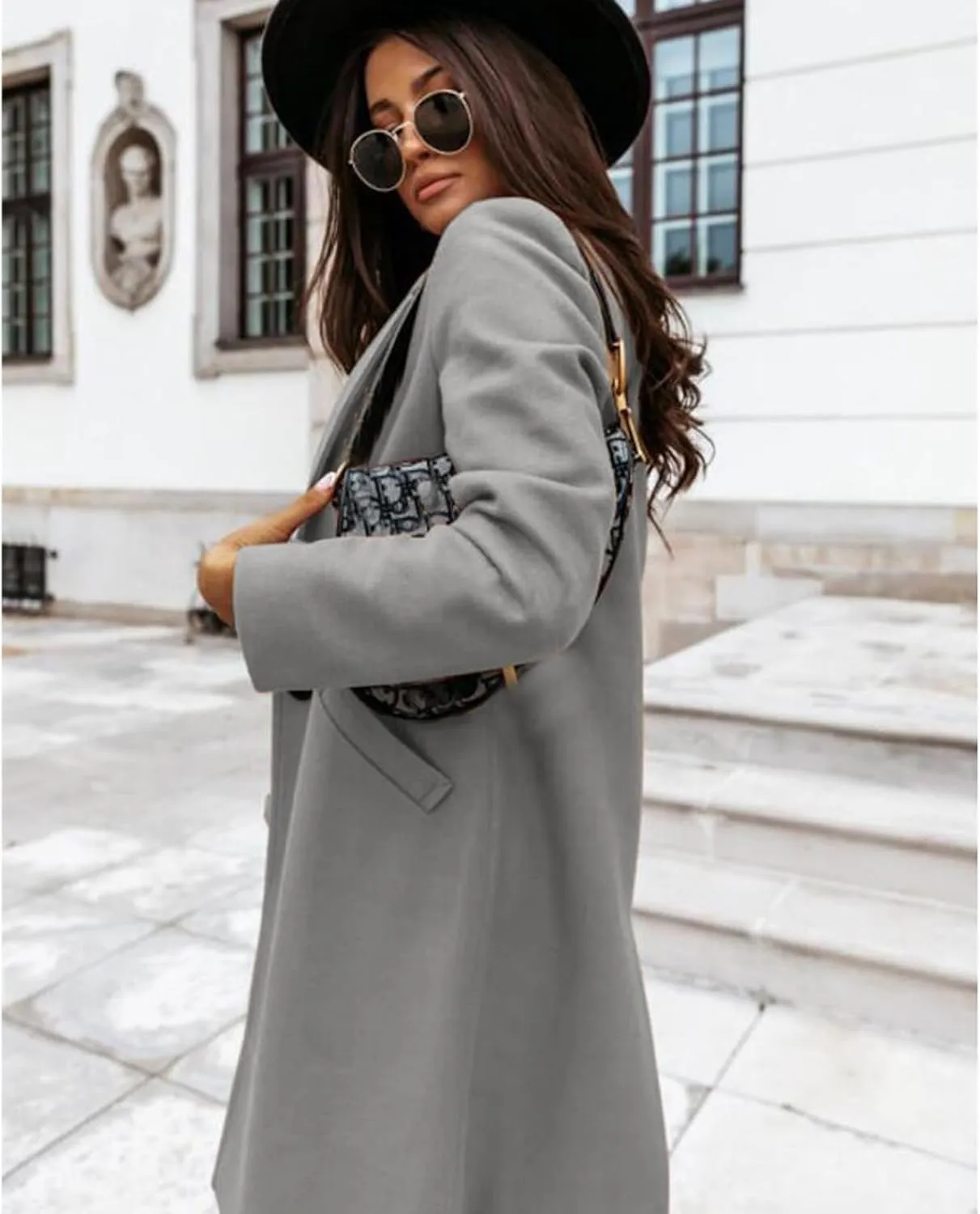 ZWRXW Women Winter Wool Blend Coat Single Breasted Casual Notched Lapel Collar Mid Long Peacoat Trench Jackets with Pocket